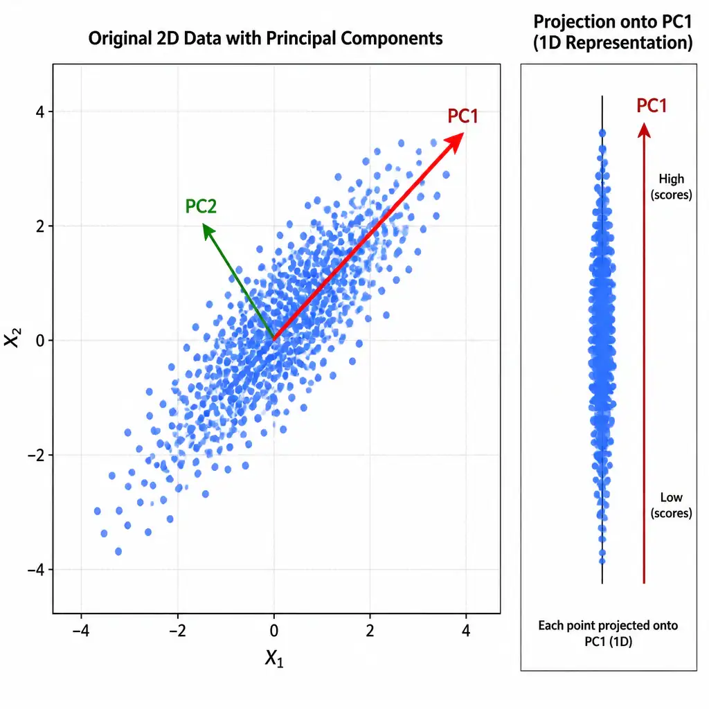 A scatter plot of correlated 2D data with the two principal component axes drawn as arrows through the cloud of points — one long arrow along the direction of maximum variance (PC1) and a shorter perpendicular arrow (PC2) — with a side panel showing the data projected onto just PC1 to illustrate dimensionality reduction while preserving spread.