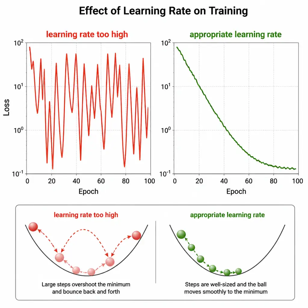 Two side-by-side loss curve graphs over training epochs: the left one jagged and spiking wildly up and down labeled 'learning rate too high', the right one smoothly descending labeled 'appropriate learning rate' — with a small inset diagram showing a ball overshooting back and forth across a valley versus one settling smoothly into the bottom.