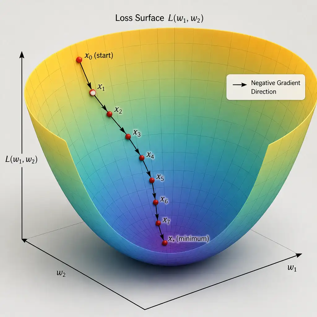 A 3D bowl-shaped loss surface with a path of small dots winding downward from a high starting point to the minimum at the bottom, each dot labeled with a small arrow showing the negative gradient direction being followed at each step, illustrating iterative descent toward the minimum.