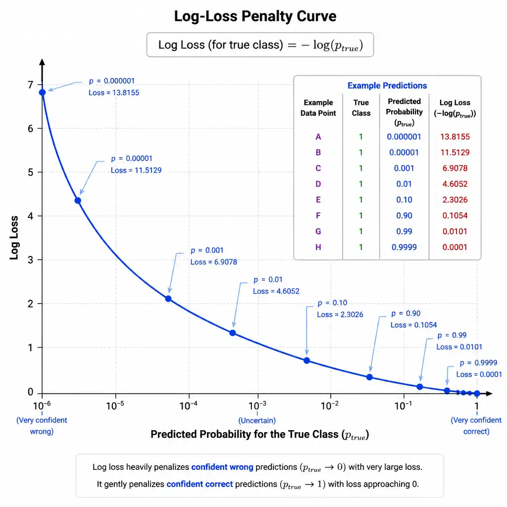 A graph of the log-loss penalty curve showing loss rising sharply as predicted probability for the true class approaches 0 (confident wrong prediction) and flattening near zero as predicted probability approaches 1 (confident correct prediction), with example data points and their probability outputs annotated alongside their resulting loss values.