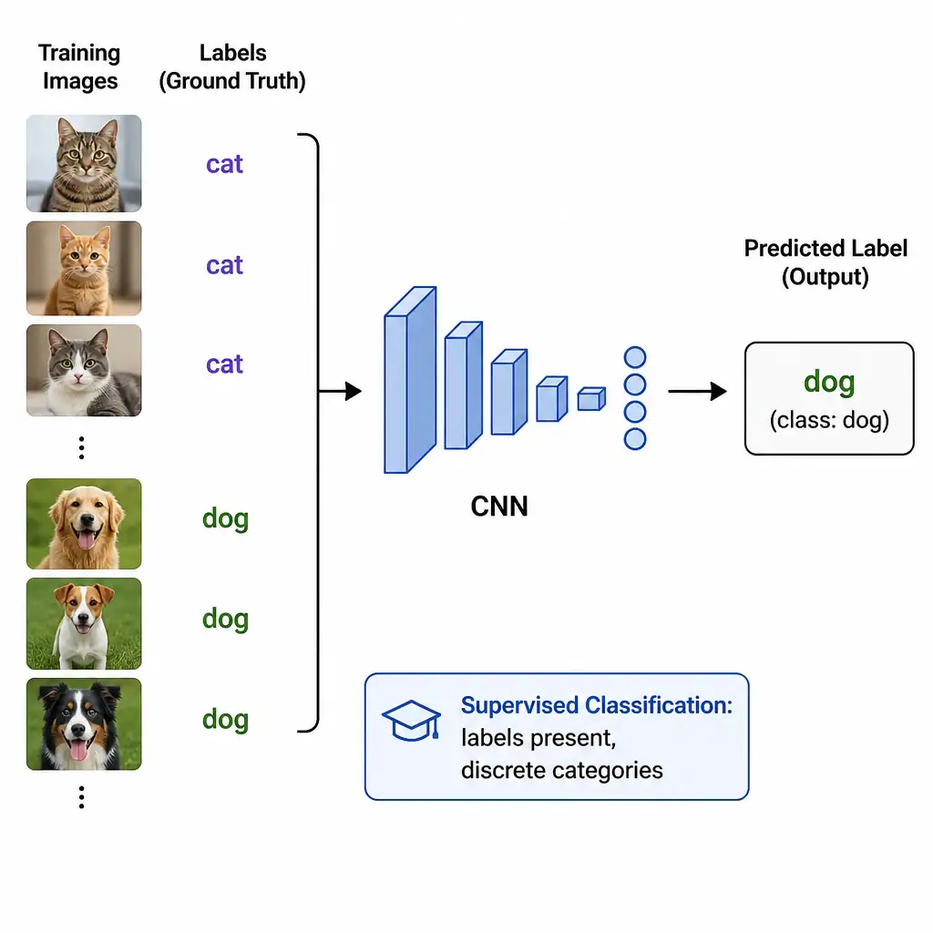 A simple diagram showing labeled training images of cats and dogs feeding into a CNN icon, with an arrow pointing to a predicted label output, with a small callout box reading 'Supervised Classification: labels present, discrete categories'.
