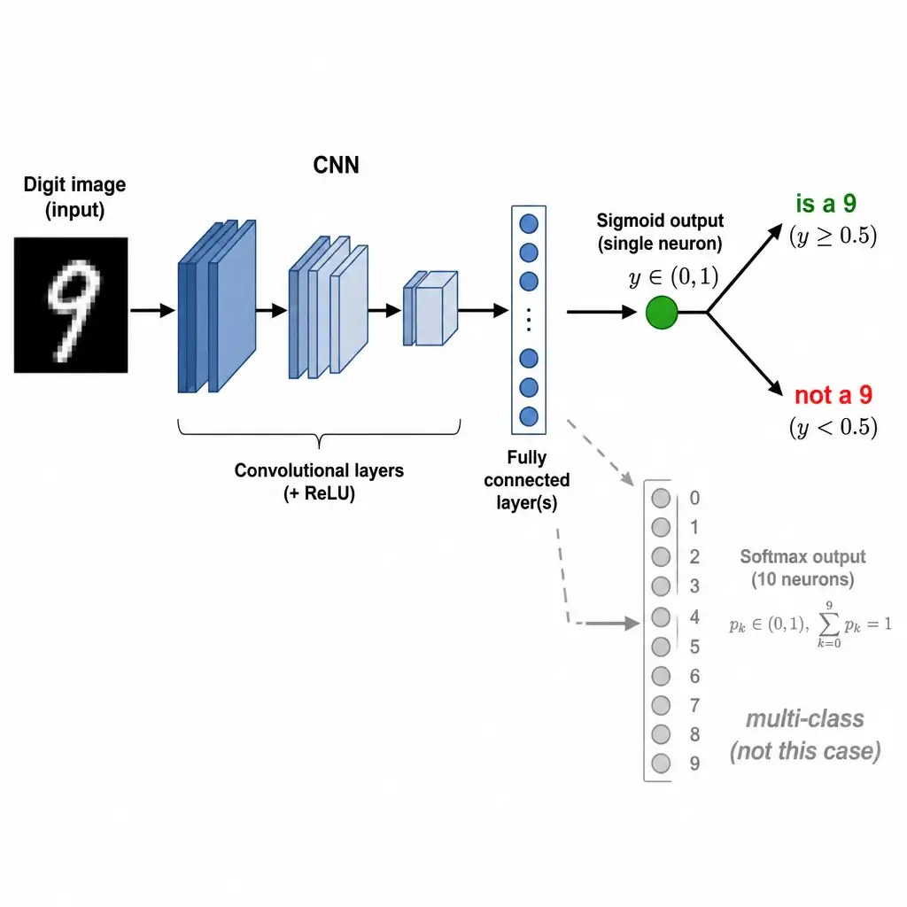 A diagram showing a digit image flowing into a CNN with a single sigmoid output neuron, branching into two labeled outcomes 'is a 9' and 'not a 9', contrasted with a grayed-out ten-neuron softmax layer labeled 'multi-class (not this case)'.