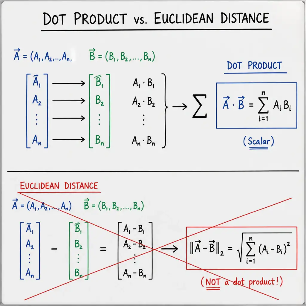 A visual formula board showing vectors A = (A1...An) and B = (B1...Bn) with arrows pairing each component, feeding into a summation symbol, resulting in the dot product formula sum(Ai Bi), contrasted with a crossed-out Euclidean distance formula.