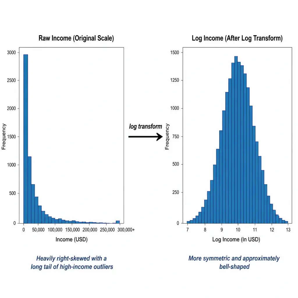 Side-by-side histograms: left showing raw income data heavily right-skewed with a long tail of outliers, right showing the same data after a log transform appearing compressed and more symmetric/bell-shaped, with an arrow labeled 'log transform' between them.