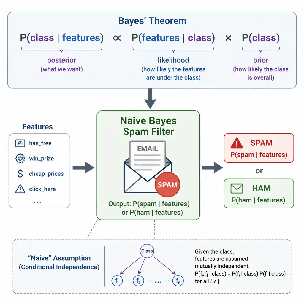 A diagram showing Bayes' theorem formula P(class|features) proportional to P(features|class) times P(class), with an arrow into a Naive Bayes spam-filter icon, and a small label noting the 'naive' conditional-independence assumption among features.