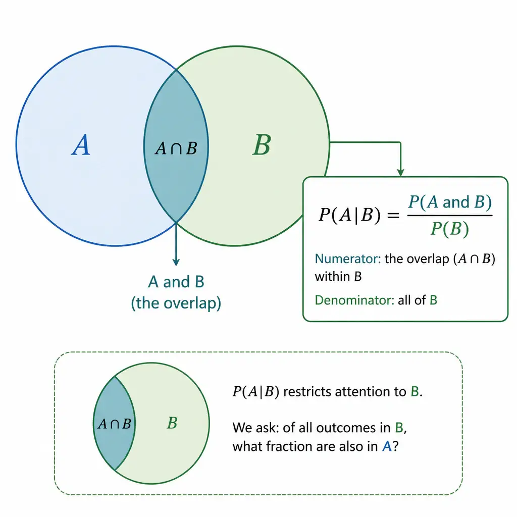 A Venn diagram showing overlapping circles A and B, with the overlap region highlighted, and a callout showing the formula P(A|B) = P(A and B) / P(B), illustrating that conditional probability restricts focus to the B circle.