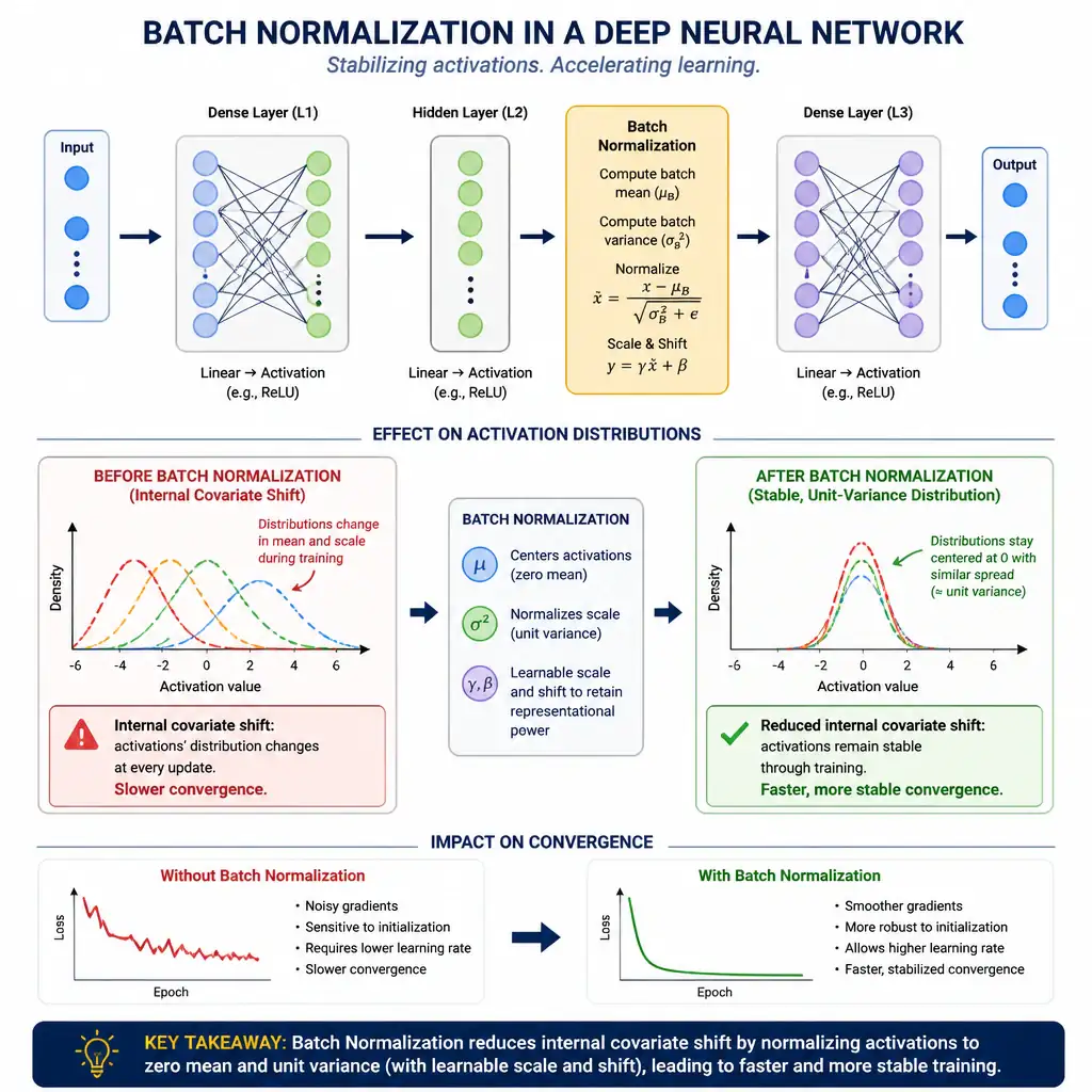 Diagram showing a deep neural network with a batch normalization layer inserted after a hidden layer, illustrating activation values before (wide, shifting distribution) and after (centered, stable, unit-variance distribution) normalization. Include annotations on internal covariate shift and faster/stabilized convergence.