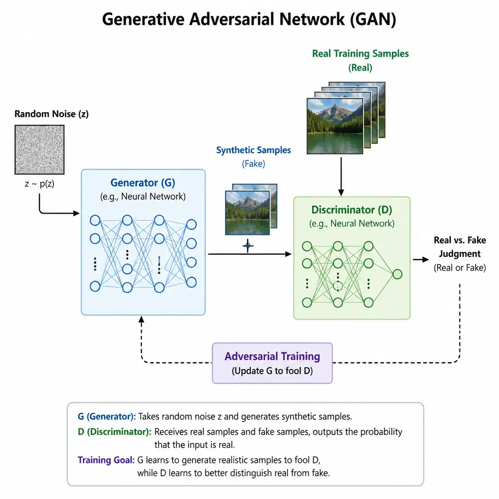 Illustration of a GAN architecture: a generator network taking random noise as input and producing synthetic samples, feeding into a discriminator network that also receives real training samples and outputs a real-vs-fake judgment, with a feedback arrow showing adversarial training back to the generator.