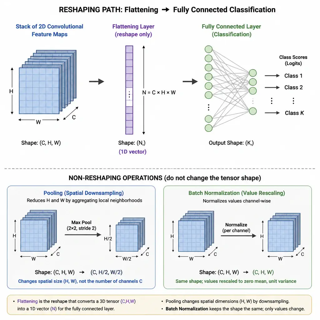 Diagram showing a stack of 2D convolutional feature maps being reshaped by a flattening layer into a single long 1D vector, which then feeds into a fully connected classification layer, contrasted with pooling (spatial downsampling) and batch normalization (value rescaling) shown as separate, non-reshaping operations.
