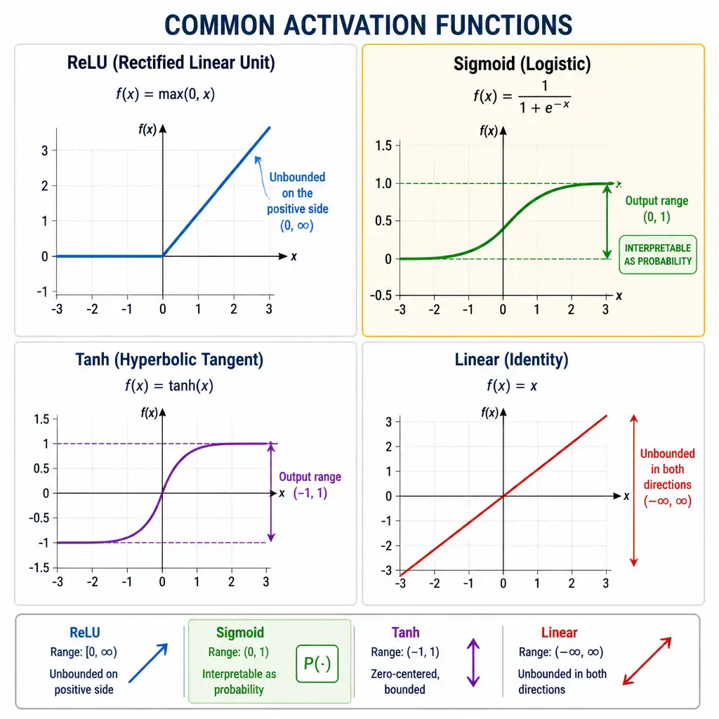 Side-by-side graphs of ReLU, sigmoid, tanh, and linear activation functions, with sigmoid highlighted and its output range (0,1) called out with a probability label, contrasted against tanh's (-1,1) range, ReLU's unbounded positive side, and linear's fully unbounded line.