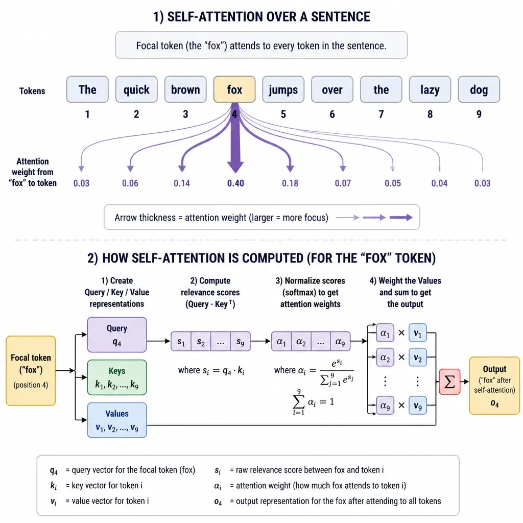 Diagram of a self-attention mechanism showing a sentence's tokens, with arrows of varying thickness connecting one focal token to every other token representing attention weights, alongside a simplified query-key-value flow illustrating how relevance scores are computed and combined into a weighted output.