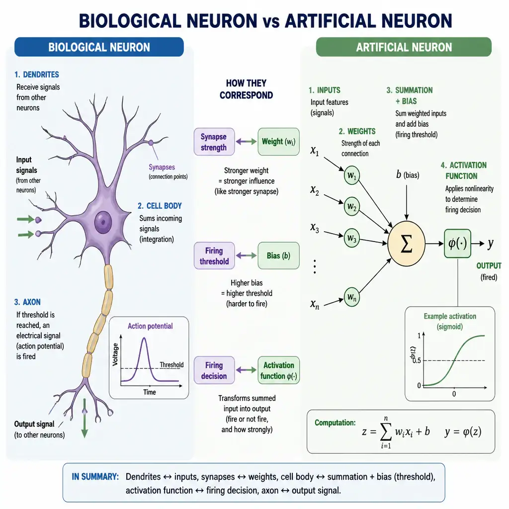 Side-by-side comparison of a biological neuron (dendrites receiving signals, cell body summing them, axon firing an output) and an artificial neuron diagram (inputs with weights, summation plus bias, activation function producing an output), with labeled arrows mapping weights to synapse strength, bias to firing threshold, and activation to the firing decision.
