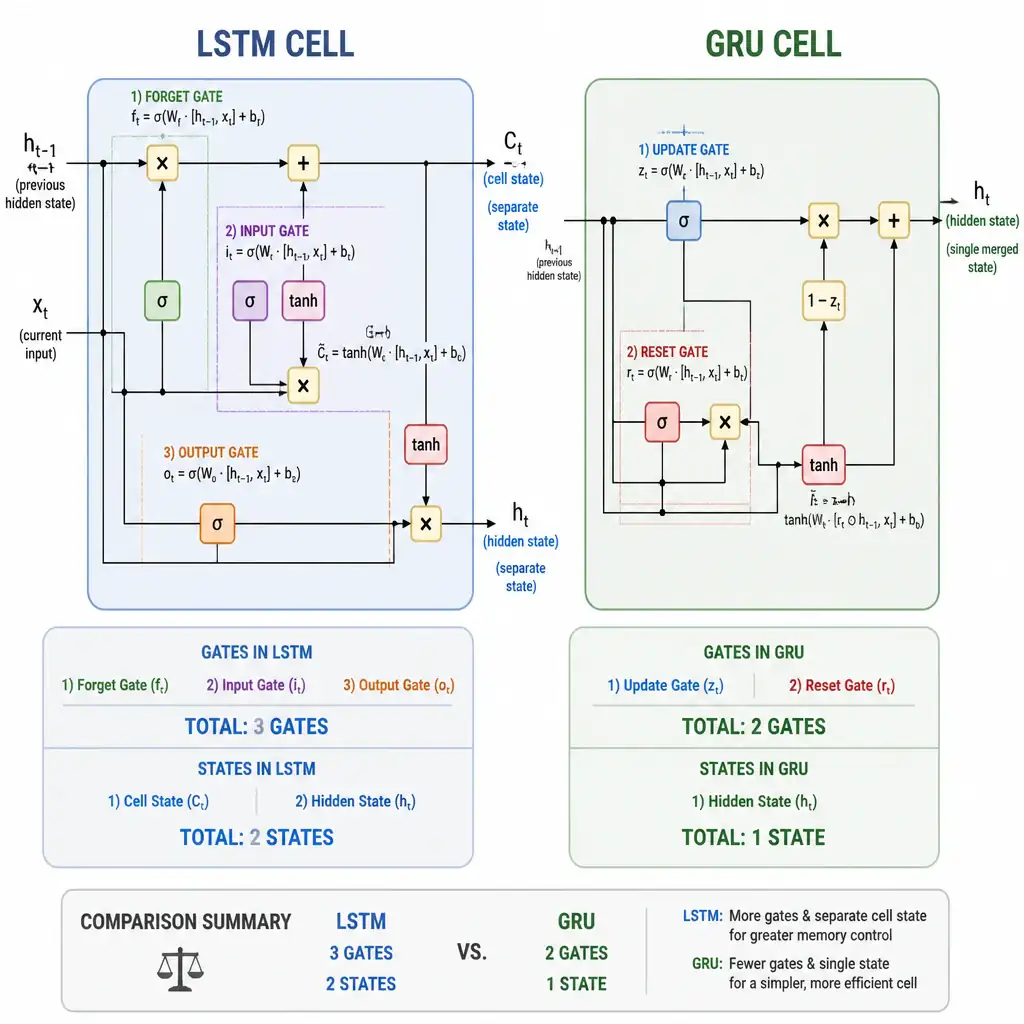 Side-by-side diagrams of an LSTM cell (showing forget, input, and output gates plus a separate cell state and hidden state) and a GRU cell (showing update and reset gates with a single merged hidden state), with gate counts and state counts clearly labeled for comparison.
