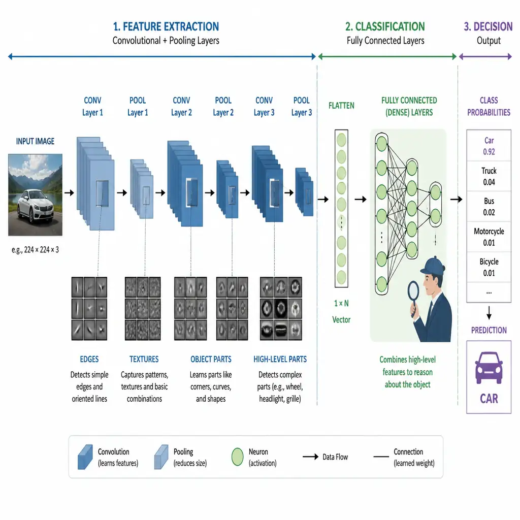 Diagram of a CNN pipeline showing convolutional and pooling layers progressively extracting edges, textures, and object-part features, feeding into a flattening step, then fully connected layers combining those high-level features into a final classification decision, with an inspector or decision-maker icon at the dense-layer stage.