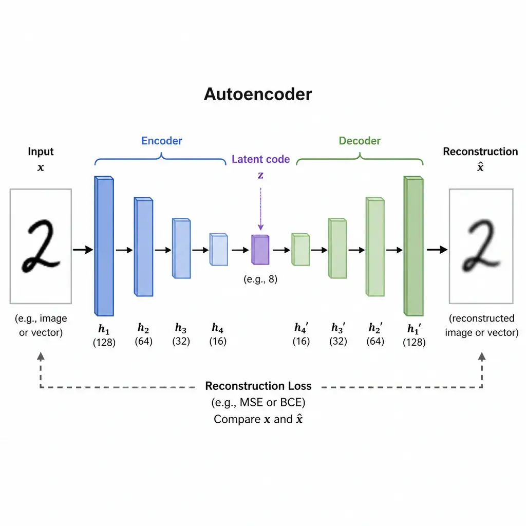 Diagram of a basic autoencoder: an input image or vector flowing into an encoder that progressively narrows into a small bottleneck latent code, then a decoder that progressively widens back out to reconstruct an output resembling the original input, with a reconstruction-loss comparison arrow between input and output.