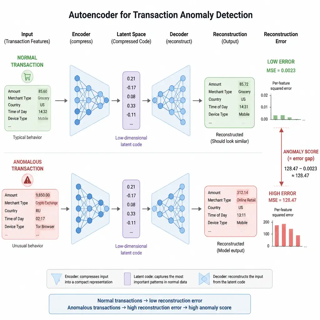 Diagram an autoencoder pipeline: normal transaction data flowing through encoder to compressed latent code, then decoder reconstructing it with low error; contrast with an anomalous transaction flowing through the same pipeline producing a reconstruction with visibly high error, with an arrow labeling that error gap as the anomaly score.