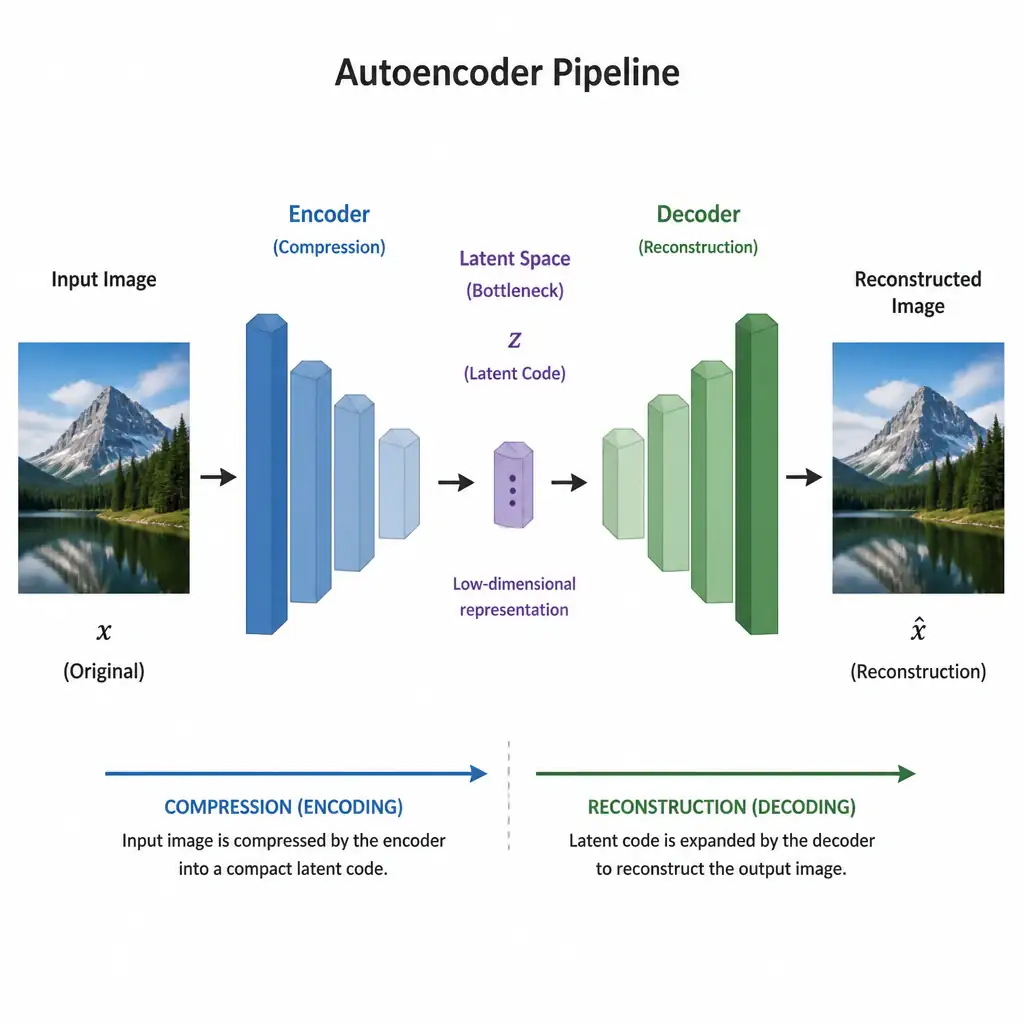 Diagram an autoencoder pipeline with the input image entering the encoder, compressing down to a small latent bottleneck, then the decoder expanding that latent code back out into a reconstructed output image, with labeled arrows showing the direction of compression versus reconstruction.