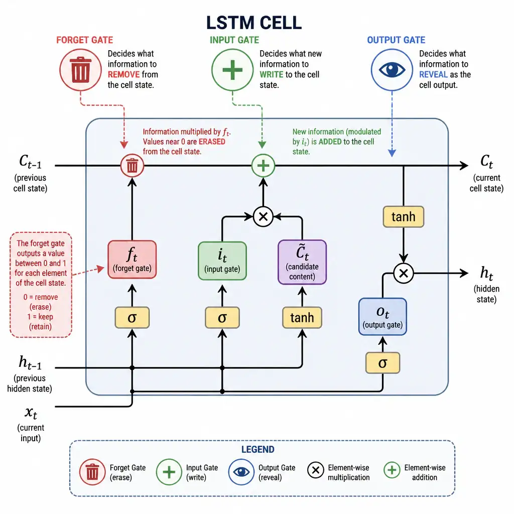 Show an LSTM cell diagram with three gates labeled clearly: forget gate (with an erase/trash icon feeding into the cell state), input gate (with a plus/write icon), and output gate (with an eye/reveal icon), highlighting the forget gate's role in removing information from the horizontal cell-state line running through the cell.