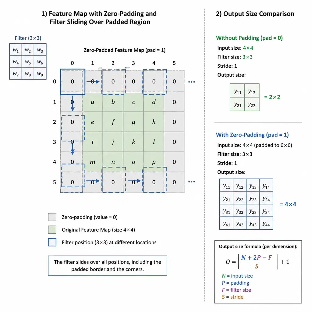 Diagram of a feature map with a border of zero-padding added around it, showing a filter sliding over the padded region including the corners, next to a comparison of output size with and without padding.