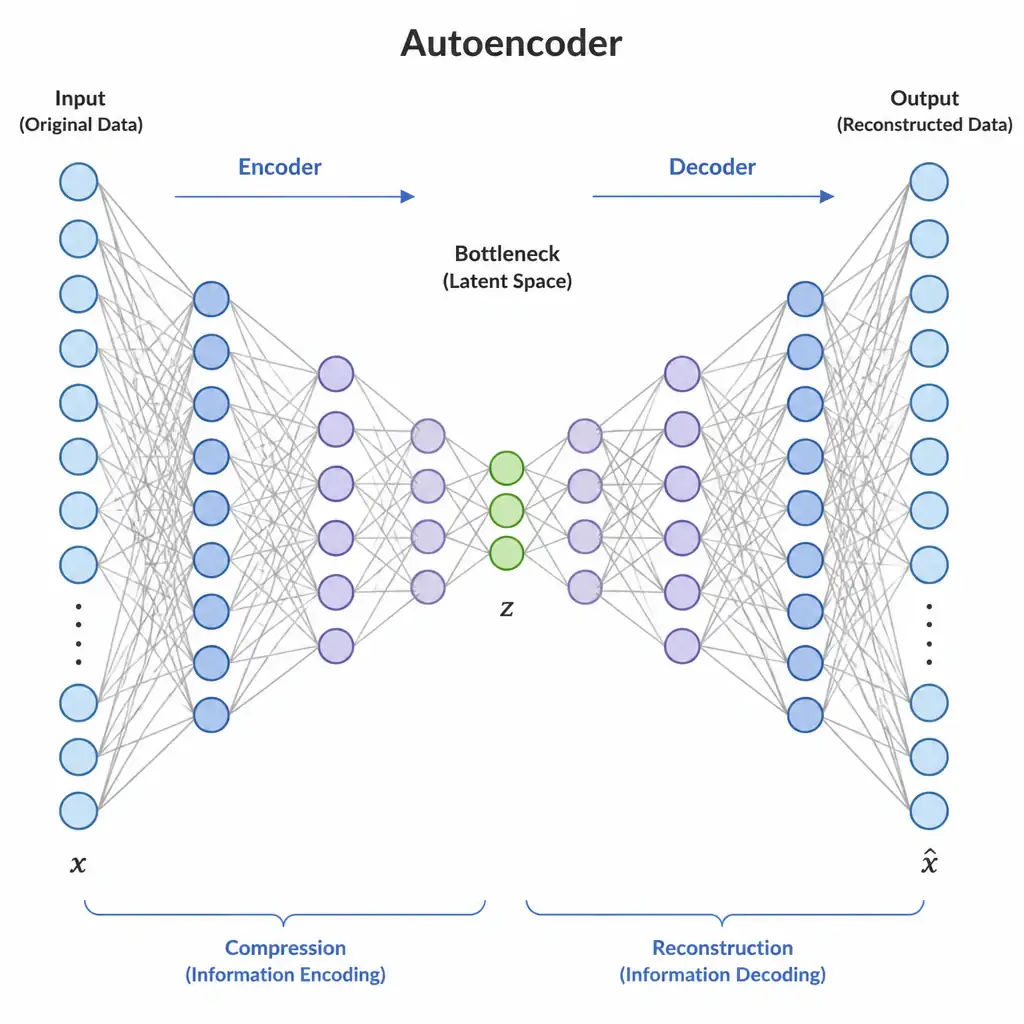 Diagram of an autoencoder with a wide input layer narrowing down through the encoder to a small bottleneck layer in the middle, then widening back out through the decoder to a reconstructed output of the same size as the input.