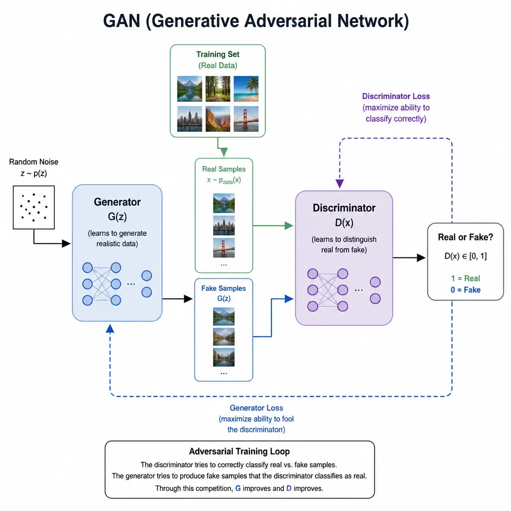 Diagram of a GAN showing a generator producing fake samples and real samples from a training set both being fed into a discriminator, which outputs a real-or-fake decision, with feedback arrows showing the adversarial training loop.