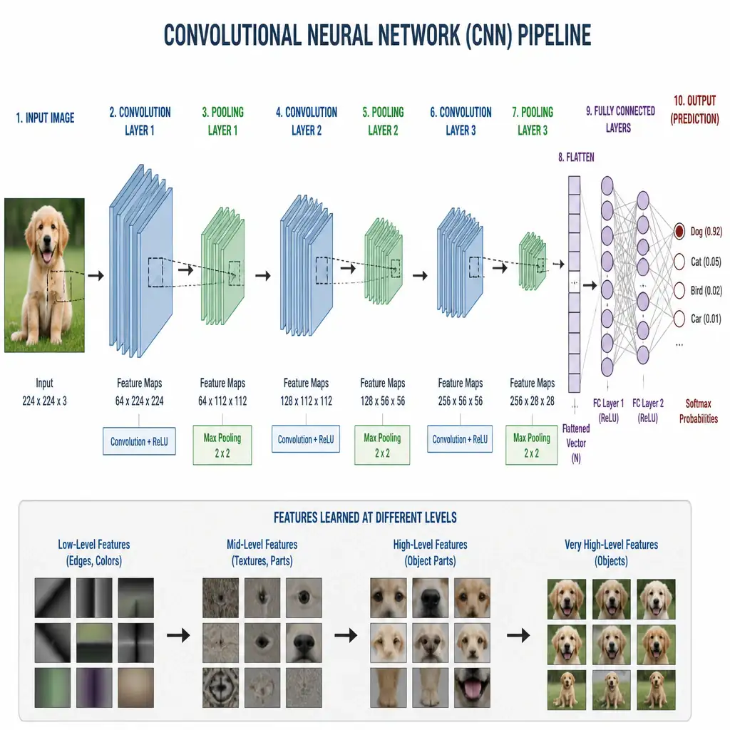 Diagram of a CNN pipeline showing convolution and pooling layers extracting progressively higher-level features from an image, flowing into a flattening step and then fully connected layers that combine features into a final class prediction.