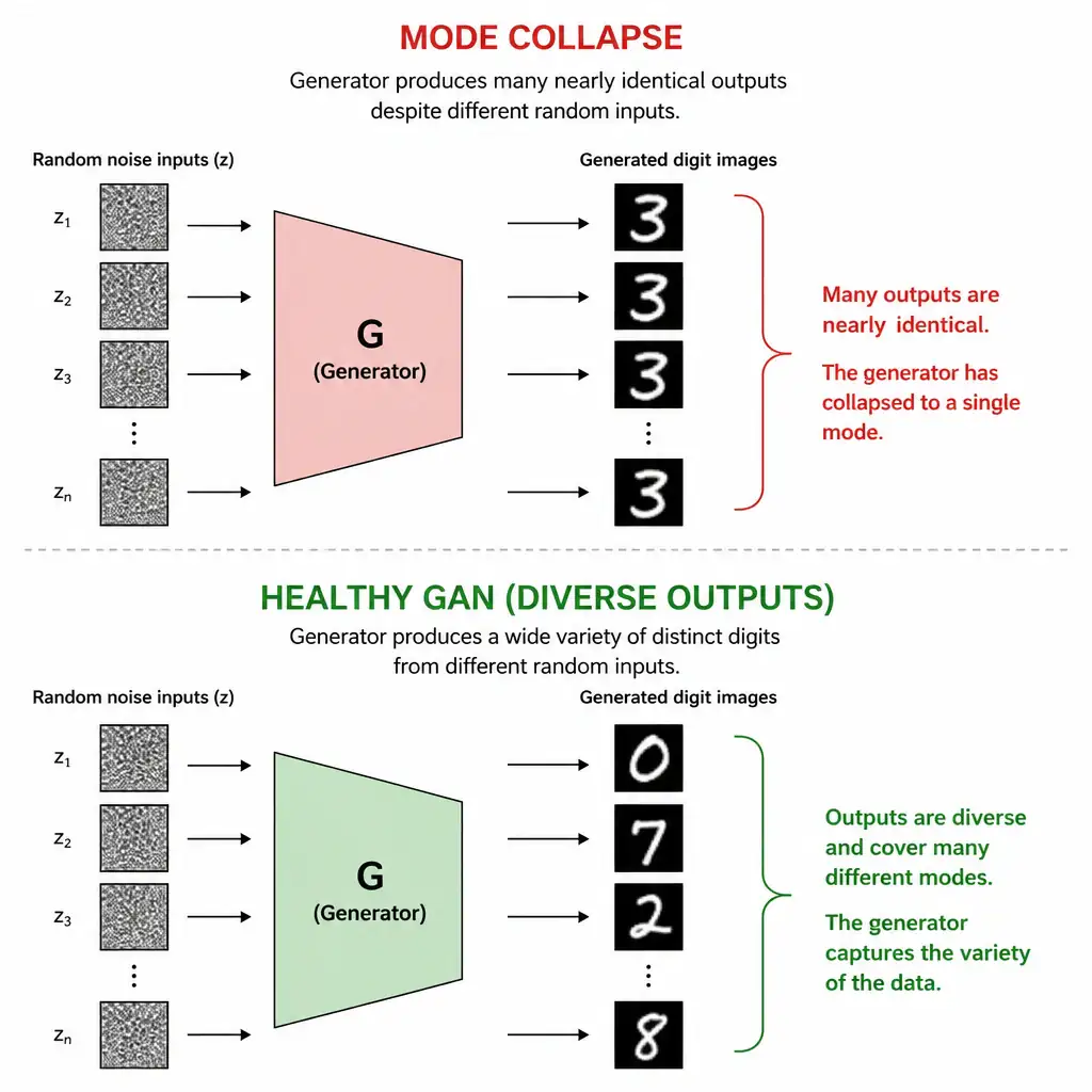 Diagram showing a generator producing many nearly identical digit images from different random noise inputs, contrasted with a healthy GAN generating a diverse variety of distinct digit images, illustrating mode collapse.