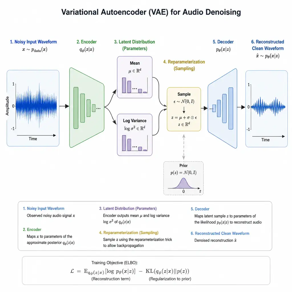 Diagram of a variational autoencoder taking a noisy audio waveform as input, encoding it into a latent distribution with mean and variance, sampling from that distribution, and decoding it into a cleaner reconstructed waveform.