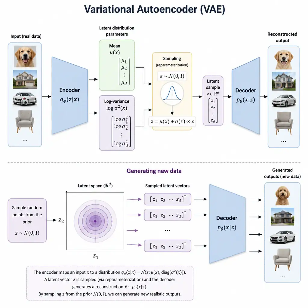 Diagram of a variational autoencoder showing an encoder outputting a mean and variance for a latent distribution, a sampling step, and a decoder generating new realistic outputs from randomly sampled latent points.