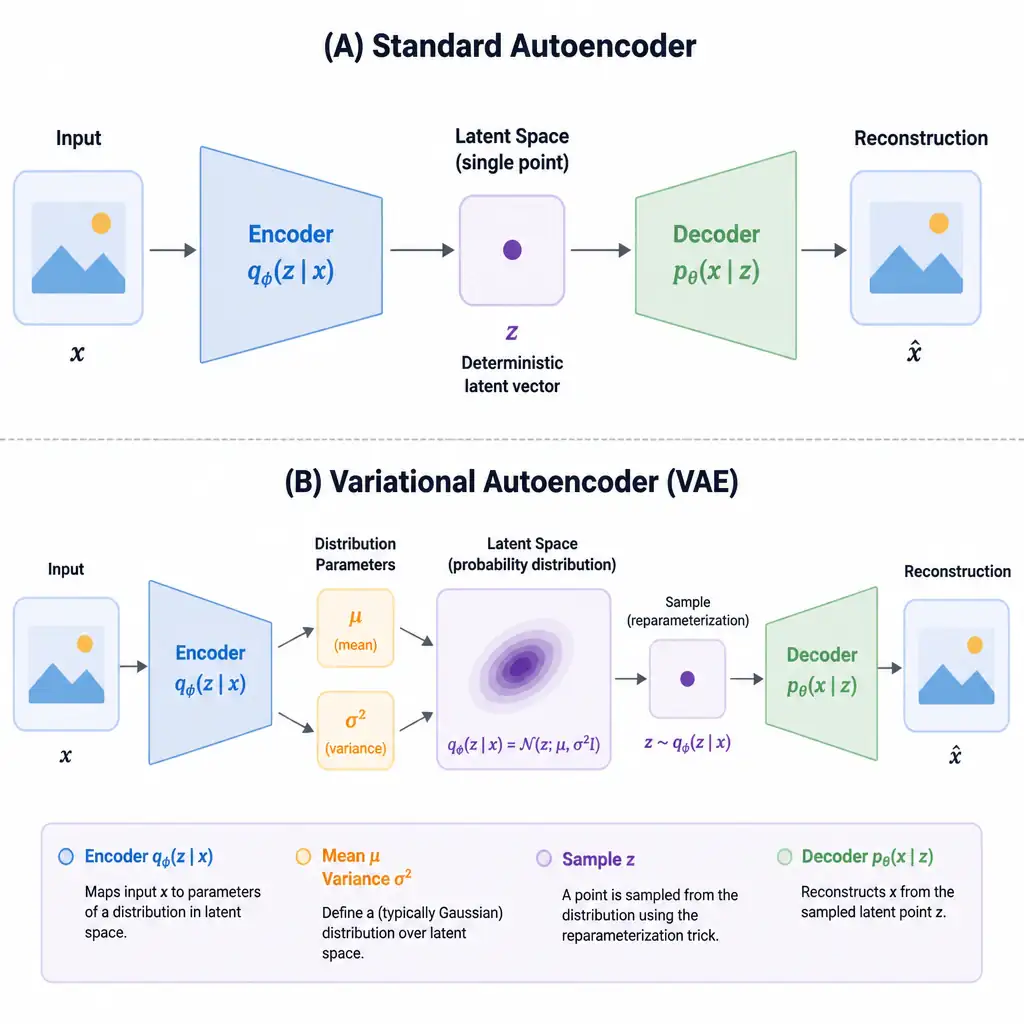 Diagram comparing a standard autoencoder's encoder outputting a single fixed latent point versus a VAE's encoder outputting a mean and variance defining a probability distribution, with a sampled point drawn from that distribution feeding the decoder.