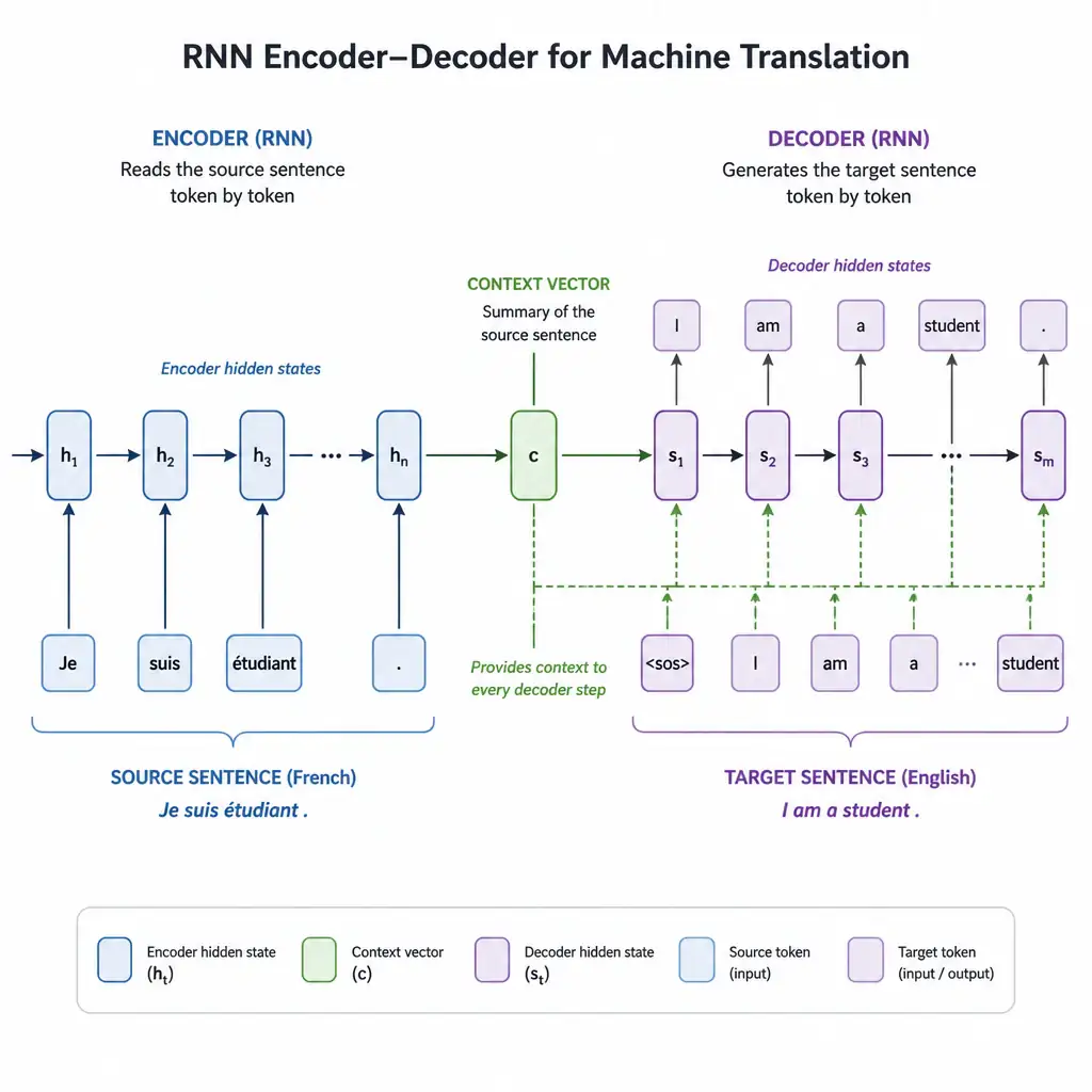 Diagram of an RNN encoder-decoder for machine translation, showing the encoder reading a source sentence token by token into a context vector, and the decoder using that context vector to generate a translated sentence token by token.