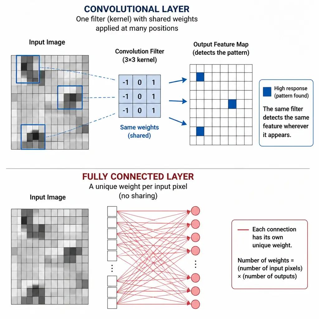 Diagram of a single convolutional filter with the same weights being applied (stamped) at multiple different positions across an input image, detecting the same feature pattern wherever it appears, contrasted with a fully connected layer requiring a unique weight per pixel.