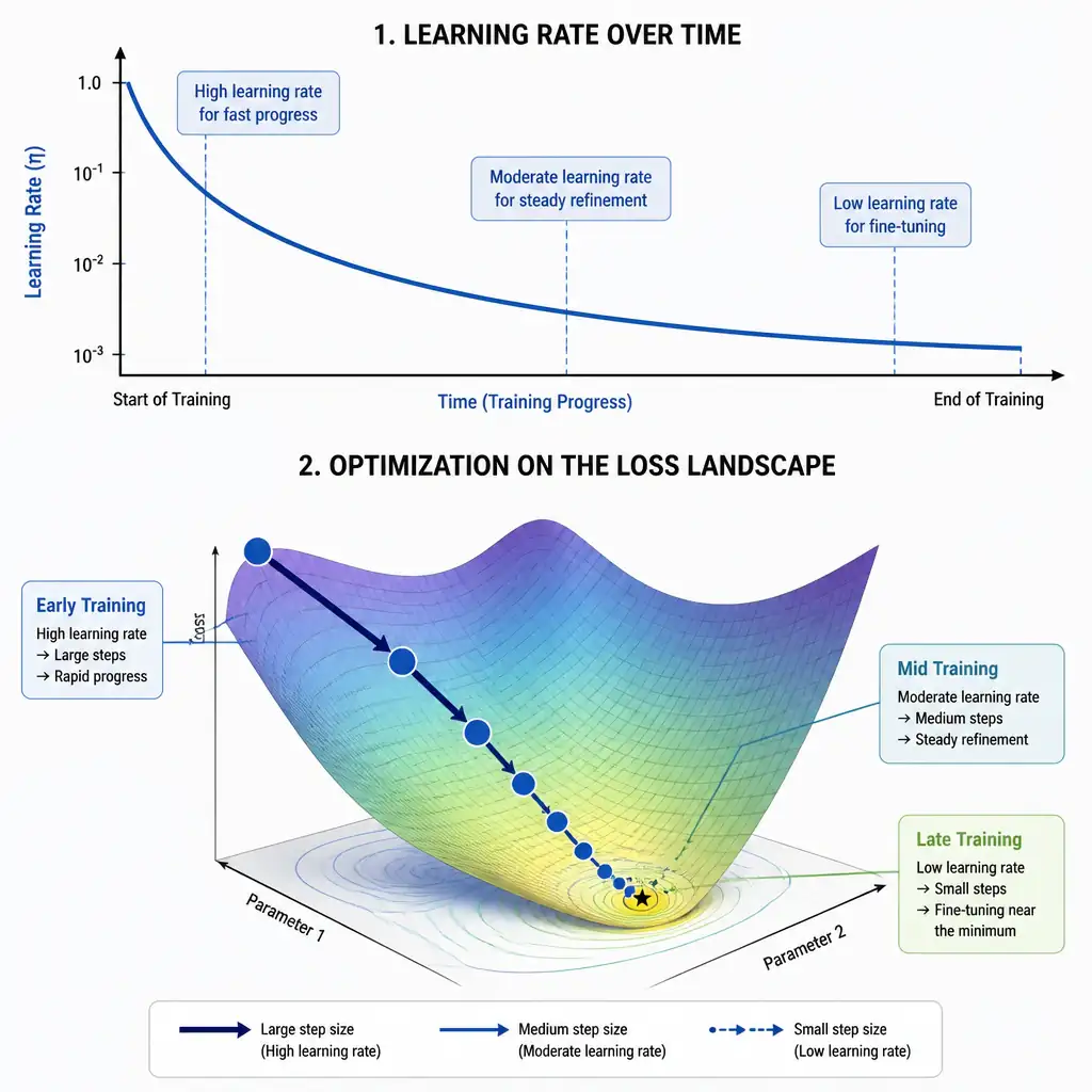 An infographic showing a downward-sloping learning-rate-over-time curve (starting high, decaying gradually) above a corresponding loss landscape where step sizes shrink from large jumps early to small precise steps near the minimum later in training.
