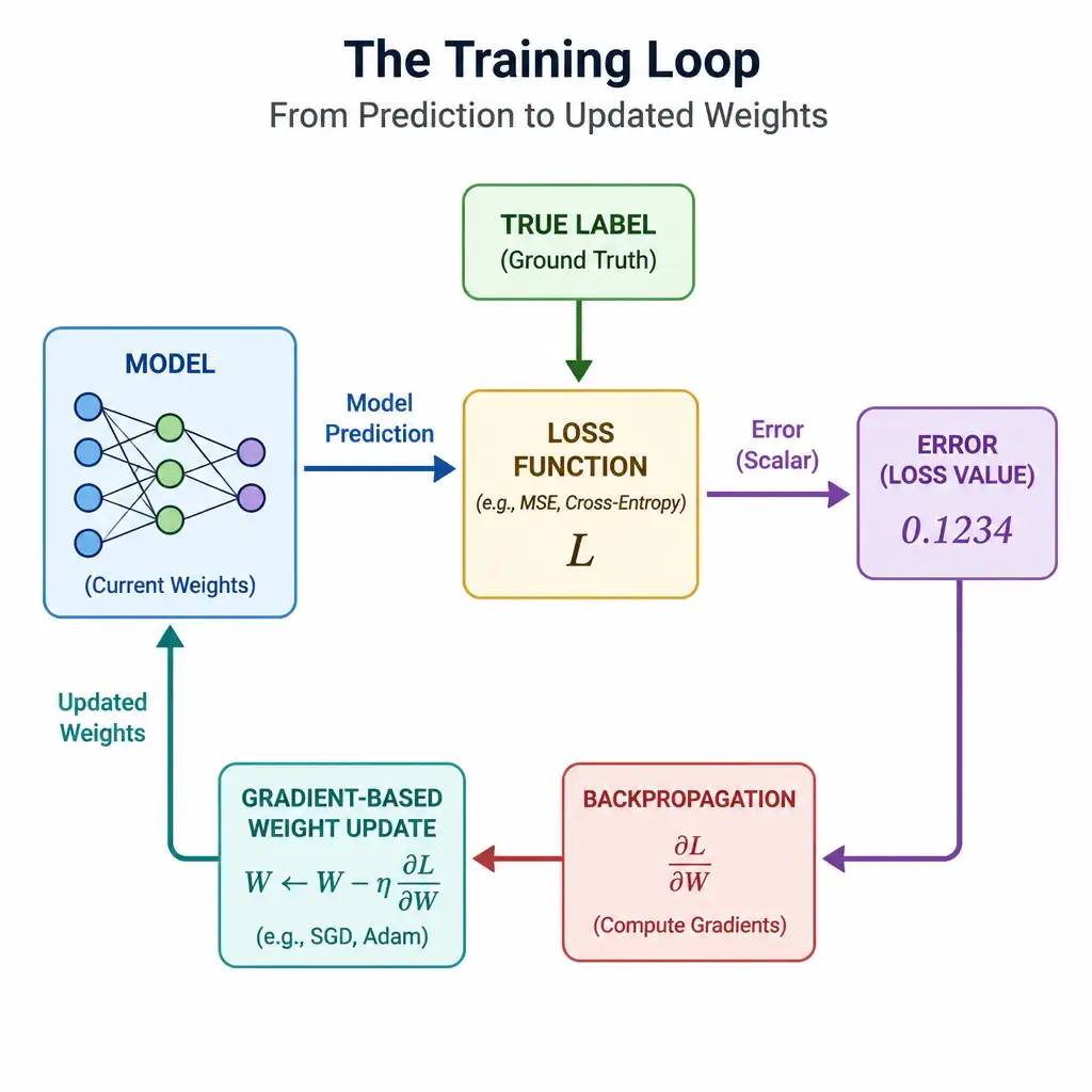 An infographic showing a simple pipeline: model prediction and true label feeding into a loss function box that outputs a single error number, which then flows into backpropagation and a gradient-based weight update arrow feeding back into the model, closing the training loop.
