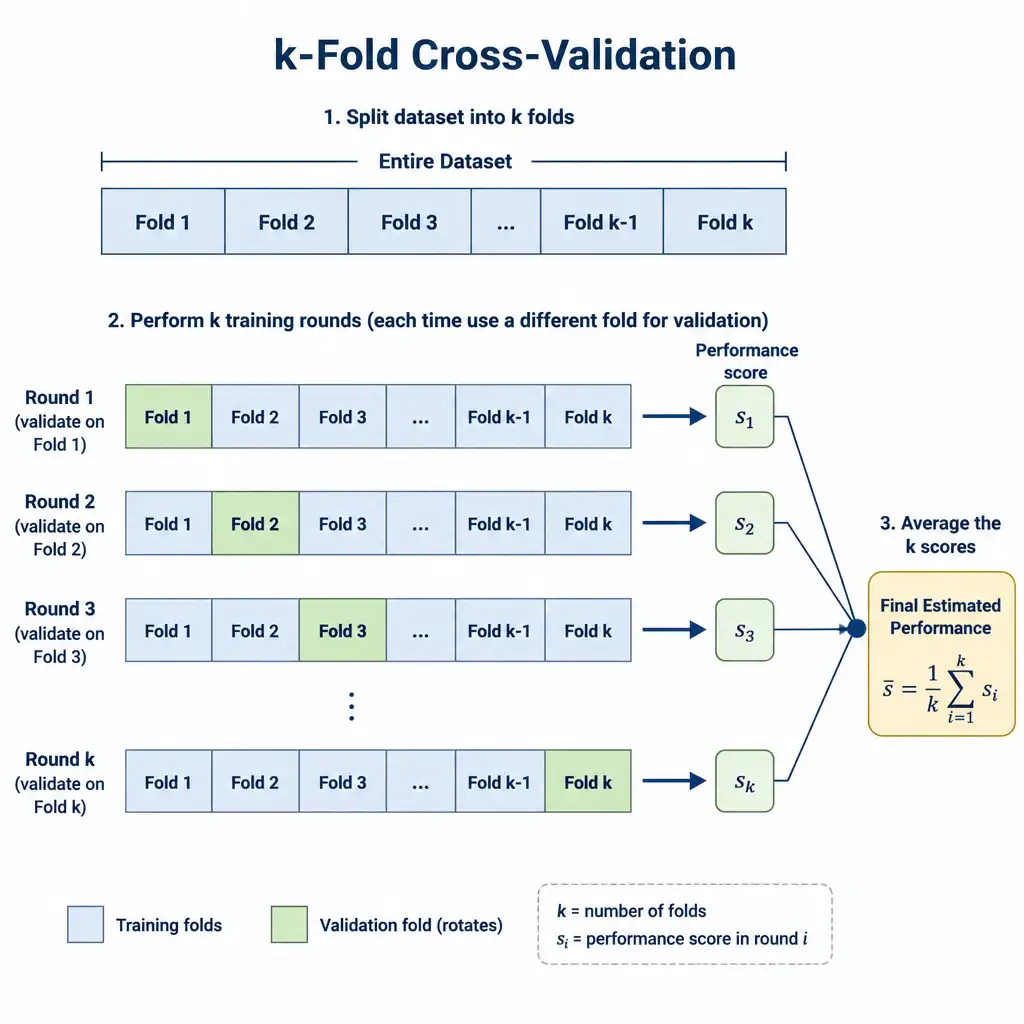 An infographic showing a dataset split into k folds arranged in a row, with a rotating highlight indicating a different fold used as validation on each of k training rounds, and an arrow converging all k performance scores into one averaged final estimate.