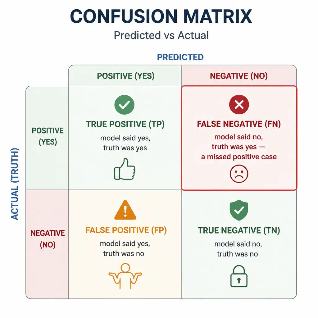 An infographic showing a 2x2 confusion matrix grid (predicted vs actual, positive/negative), with the false-negative cell highlighted and labeled 'model said no, truth was yes — a missed positive case', alongside small icons for true positive, true negative, and false positive for context.