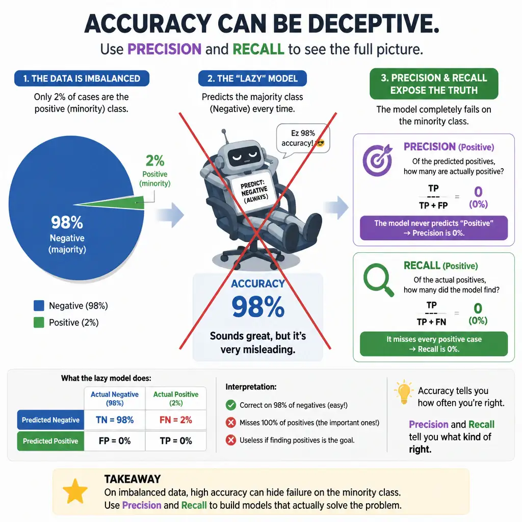 An infographic showing a 98%/2% imbalanced pie chart next to a 'lazy model' that predicts majority class every time and boasts 98% accuracy, crossed out, with precision and recall metrics highlighted as the more honest measures that expose the model's failure on the minority class.
