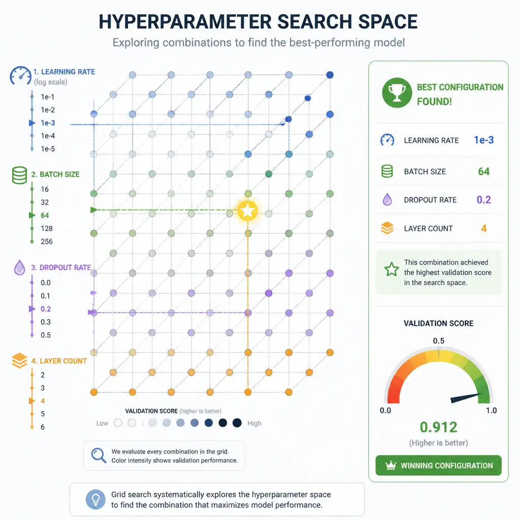 An infographic showing a grid or search space of hyperparameter combinations (learning rate, batch size, dropout rate, layer count as axes/knobs), with a highlighted best-performing combination found via search, and a validation-score meter confirming it as the winning configuration.