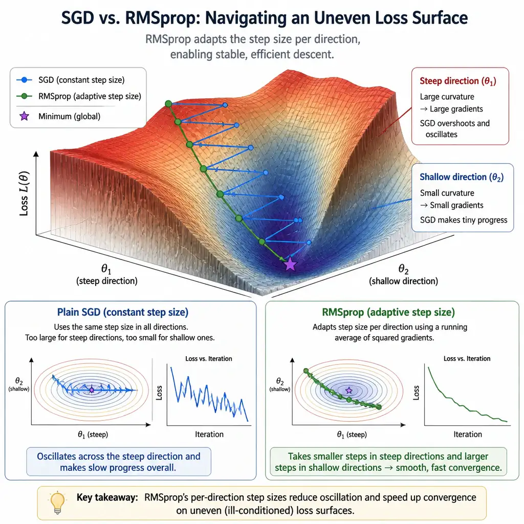 An infographic showing an uneven, canyon-like loss surface with steep and shallow directions, comparing a plain SGD path that oscillates wildly across the steep direction versus an RMSprop path that adapts its step size per direction and descends smoothly toward the minimum.