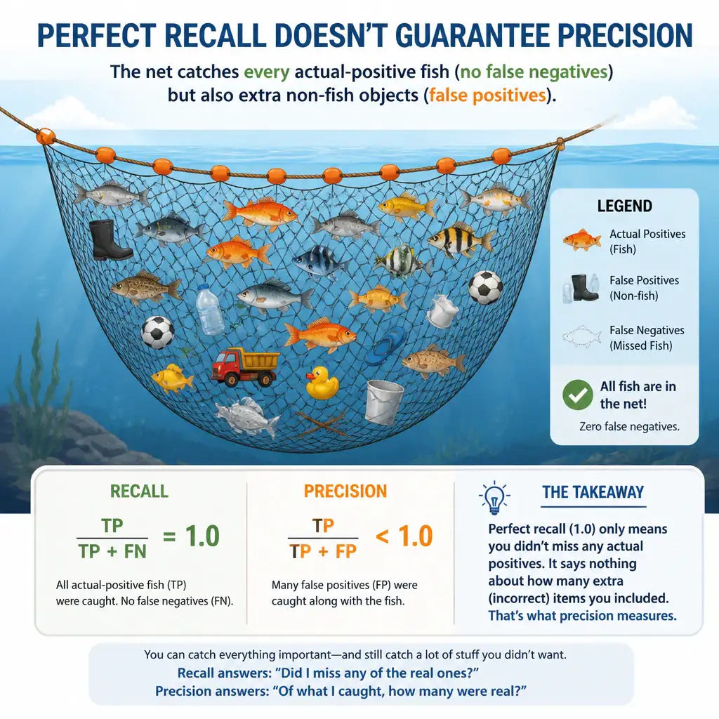 An infographic showing a net catching every single actual-positive fish (illustrating recall = 1.0, zero false negatives), while also showing extra non-fish objects caught alongside them (false positives), demonstrating that perfect recall says nothing about precision.