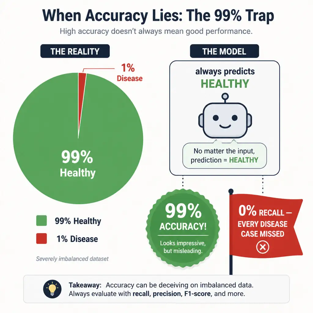 An infographic showing a lopsided pie chart with 99% healthy and 1% disease, next to a model labeled 'always predicts healthy' with a big misleading '99% accuracy' badge, contrasted with a small red flag showing '0% recall — every disease case missed'.