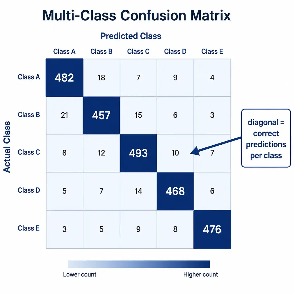 An infographic of a multi-class confusion matrix grid with the diagonal cells highlighted and shaded darker/larger to represent high correct-prediction counts, with lighter off-diagonal cells, and an arrow labeled 'diagonal = correct predictions per class'.
