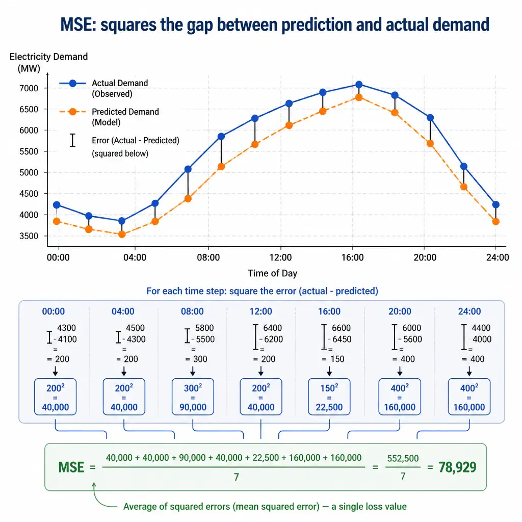 An infographic showing an electricity demand time-series curve with actual vs. predicted values, small vertical error bars between them, each squared and averaged into a single MSE loss value, labeled 'MSE: squares the gap between prediction and actual demand'.