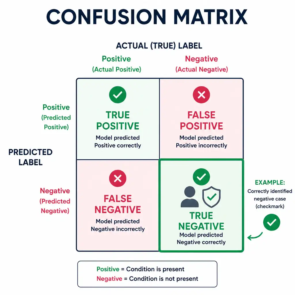An infographic of a 2x2 confusion matrix grid labeled with true positive, false positive, false negative, and true negative in their respective cells, with true negative highlighted and an example icon showing a correctly-identified negative case (checkmark).