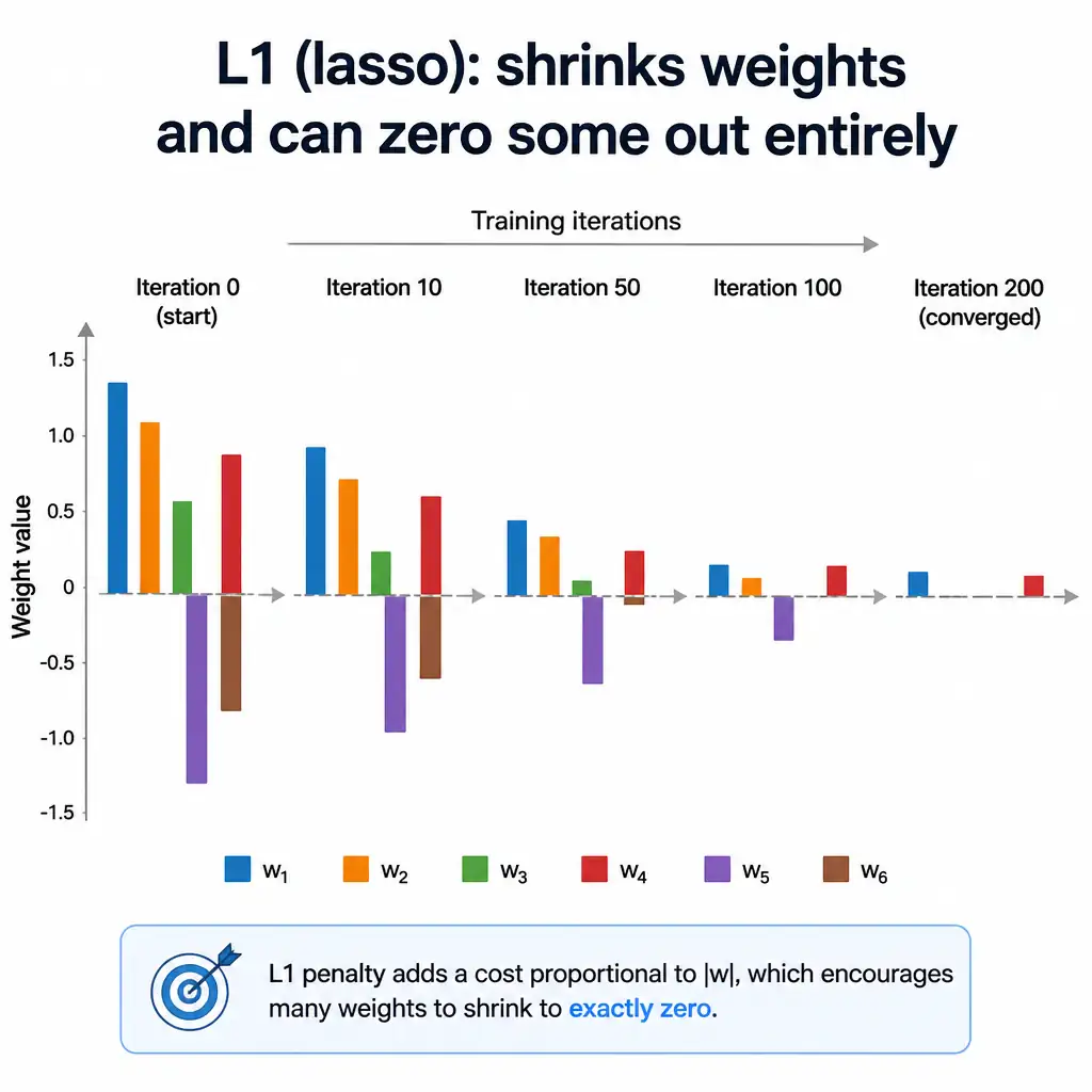 An infographic showing a set of weight bars shrinking over training iterations under an L1 penalty, with several bars collapsing all the way to zero height, labeled 'L1 (lasso): shrinks weights and can zero some out entirely'.