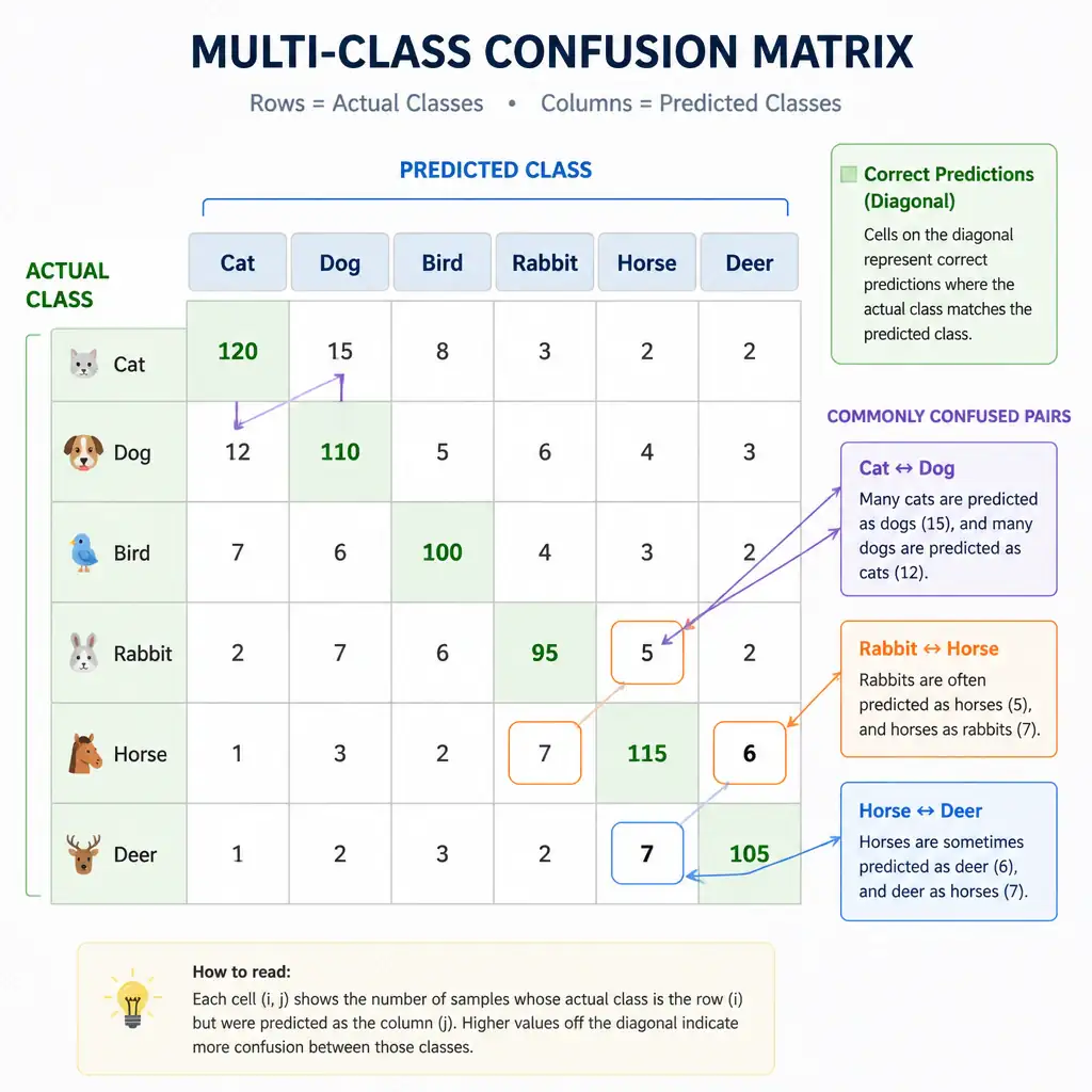 An infographic showing a full multi-class confusion matrix grid with labeled rows (actual classes) and columns (predicted classes), diagonal cells highlighted for correct predictions and specific off-diagonal cells called out with arrows showing 'commonly confused pairs'.