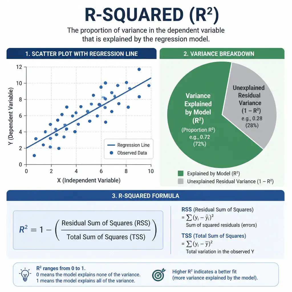 An infographic showing a scatter plot with a regression line, a pie-chart style split showing 'variance explained by model' versus 'unexplained residual variance', and the R-squared formula 1 minus (residual sum of squares / total sum of squares).