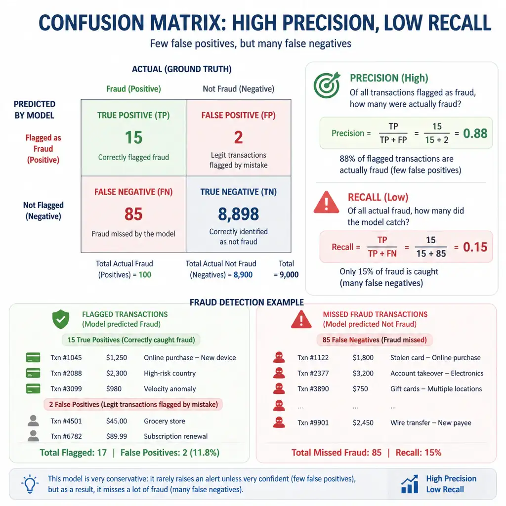 An infographic showing a confusion matrix highlighting few false positives (high precision) alongside many false negatives (low recall), with a fraud-detection example illustrating flagged transactions versus missed fraud cases.