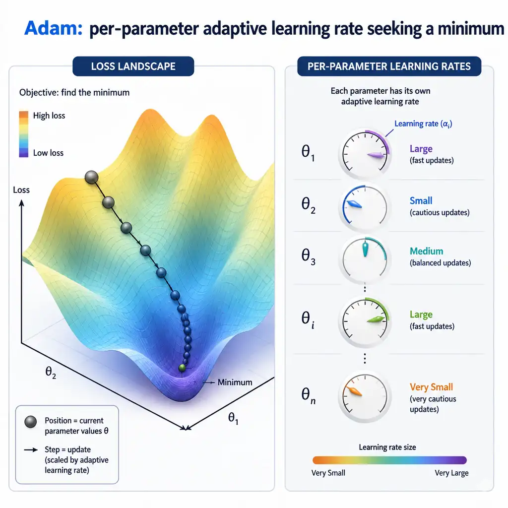 An infographic showing a loss landscape with a descending ball, alongside a panel of individual parameter dials each being adjusted to a different learning-rate size, labeled 'Adam: per-parameter adaptive learning rate seeking a minimum'.