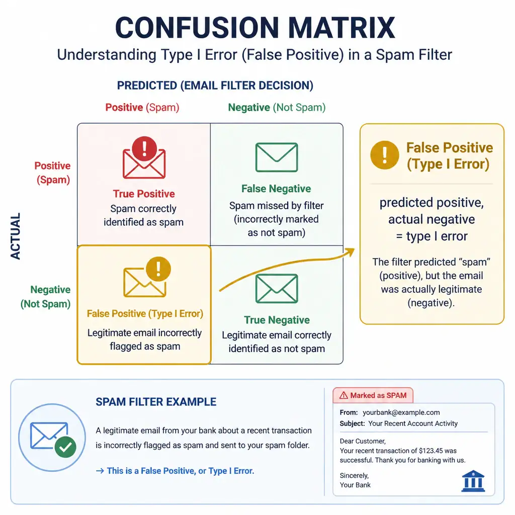 An infographic showing a 2x2 confusion matrix grid with the false positive cell highlighted, labeled 'predicted positive, actual negative = type I error', using a spam-filter email example with a legitimate email incorrectly flagged.